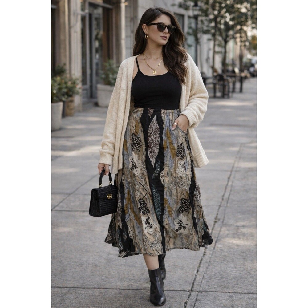 Vintage 90s Sag Harbor Boho Midi Skirt 100% Rayon Made in USA Flowy Earth Tone - Picture 9 of 9